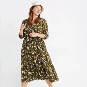 Madewell Cinch-Waist Tiered Midi Dress in Wildblooms Sz XS Green Peasant Boho